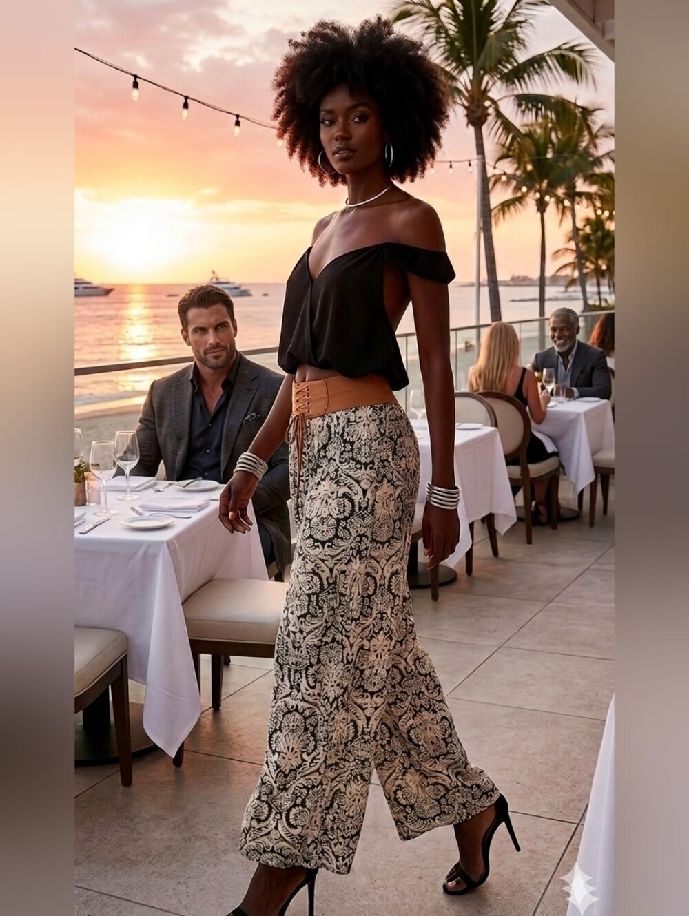 La Moda Boho Wide-Leg Printed Lounge Pants in Cream & Black